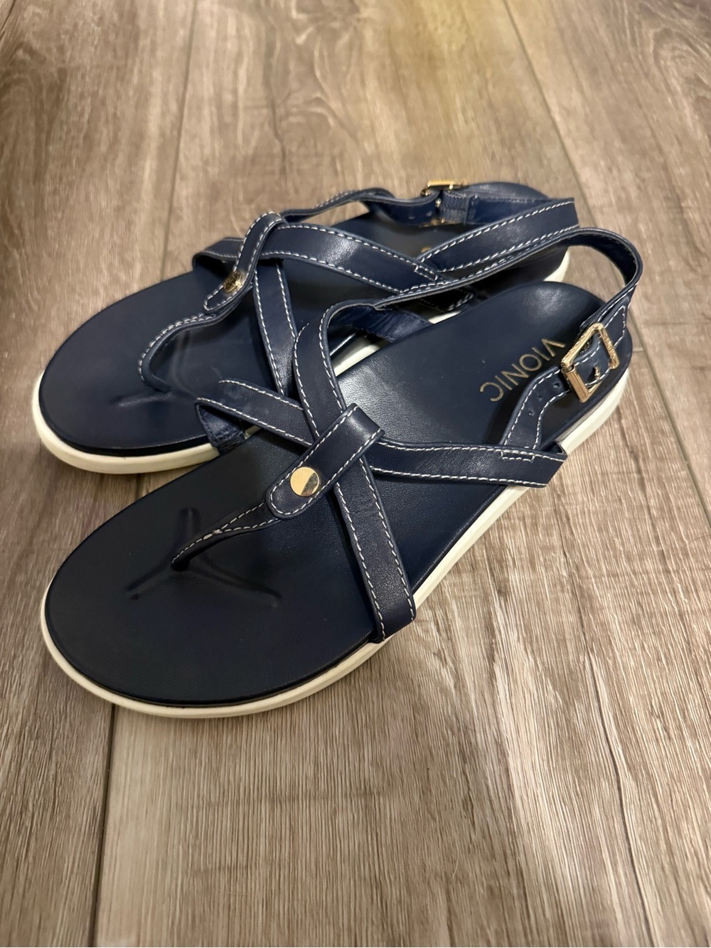 Vionic Navy Sandals with Gold Buckle